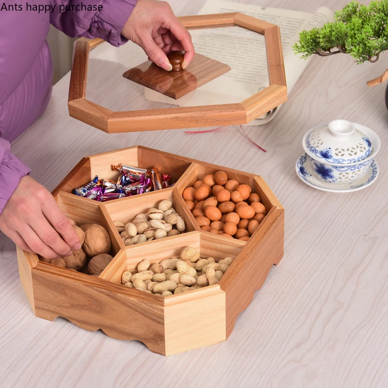 

Solid Wood with Cover Dried Fruit Box Snack Storage Box Chinese Style Nut Dried Fruit Plate Living Room Home Sorting Container