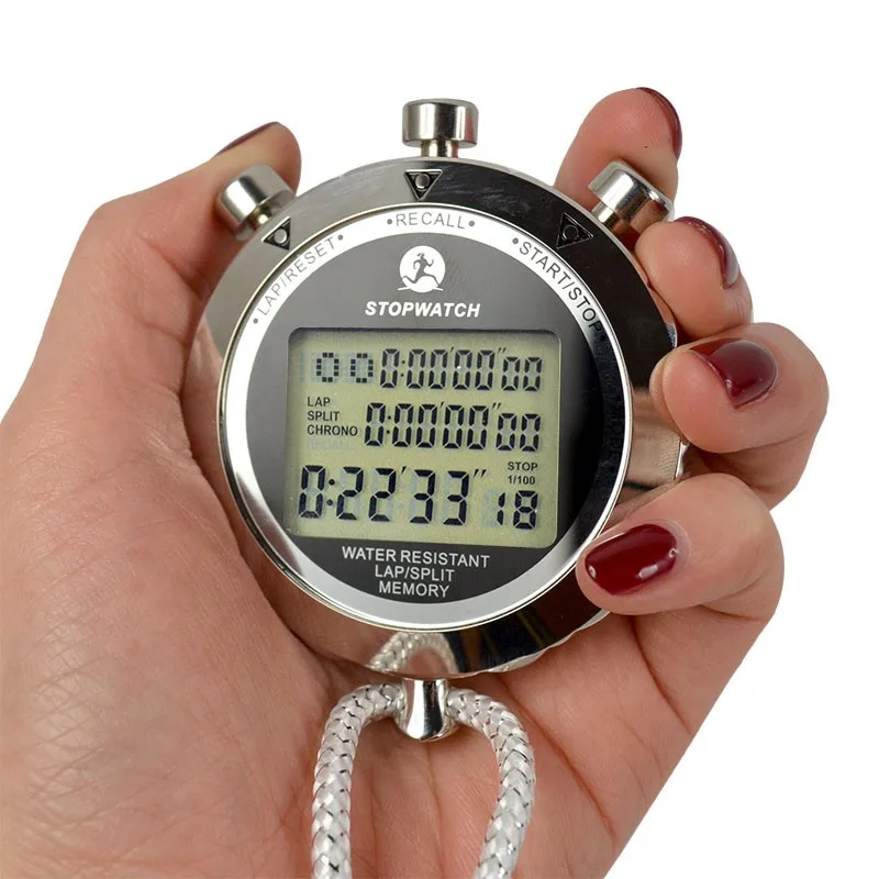 Waterdichte Digitale Stopwatch Metalen 1/1000 Seconden Handheld Lcd Display Chronograaf Buiten Timer Teller Sporthorloge Relogio