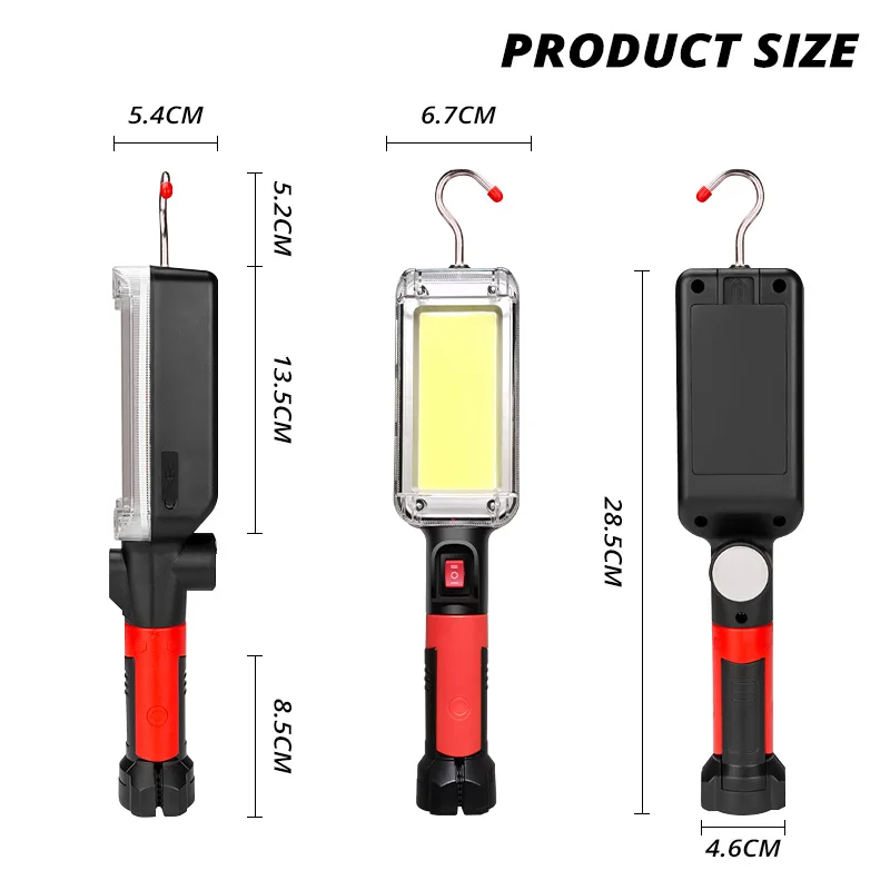 차량용 방수 휴대용 랜턴 LED 작업등 후크 자석 캠핑 램프, COB USB 충전식 18650 손전등 토치, 5200mAh