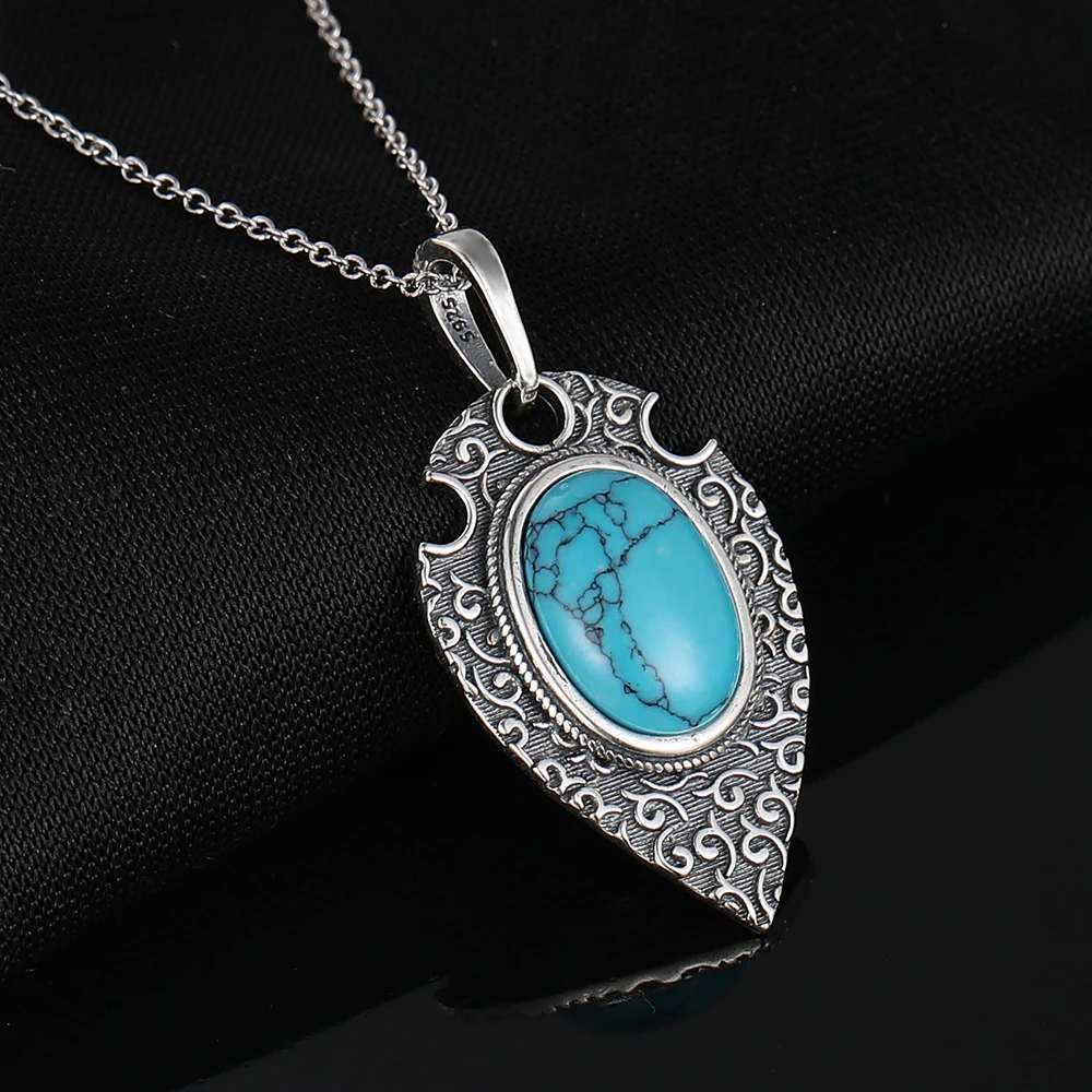 100% S925 Silver Necklace Pendant Large Oval 10*14MM Natural Turquoise Retro Bohemian Style Necklace Pendant Party