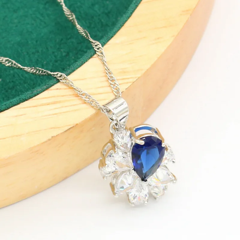 New Arrivals 925 Silver Jewelry Sets For Women Royal Blue Crystal Earrings Necklace Pendant Ring Bracelet Christmas Gift 4PCS