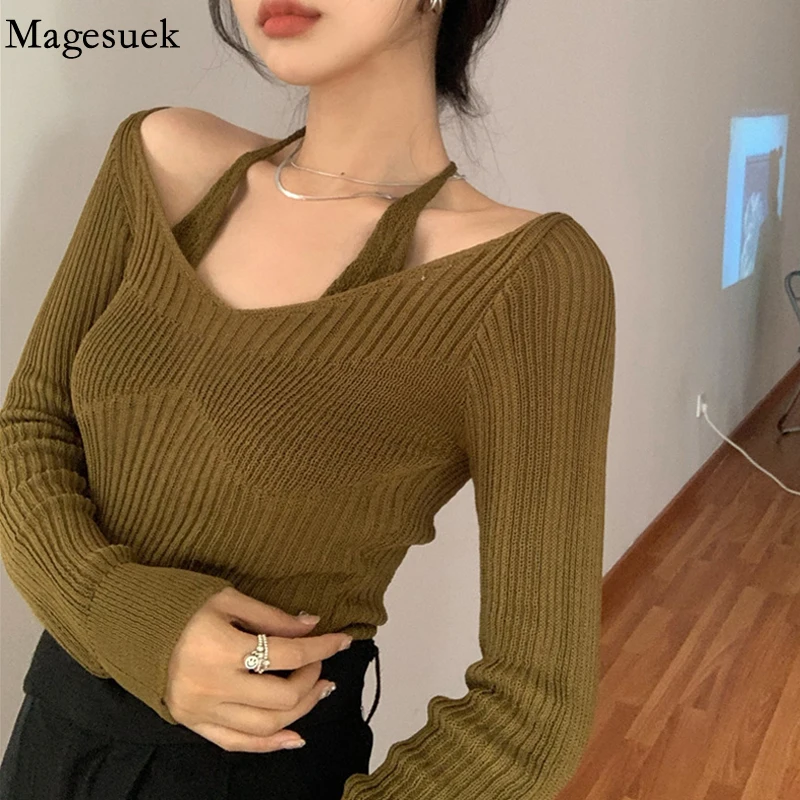 

Fake Two-Piece Sexy Halter White Bottoming Sweater Women's Autumn Elegant Sweater 2021 New Long Sleeve Slim Casual Tops 17435