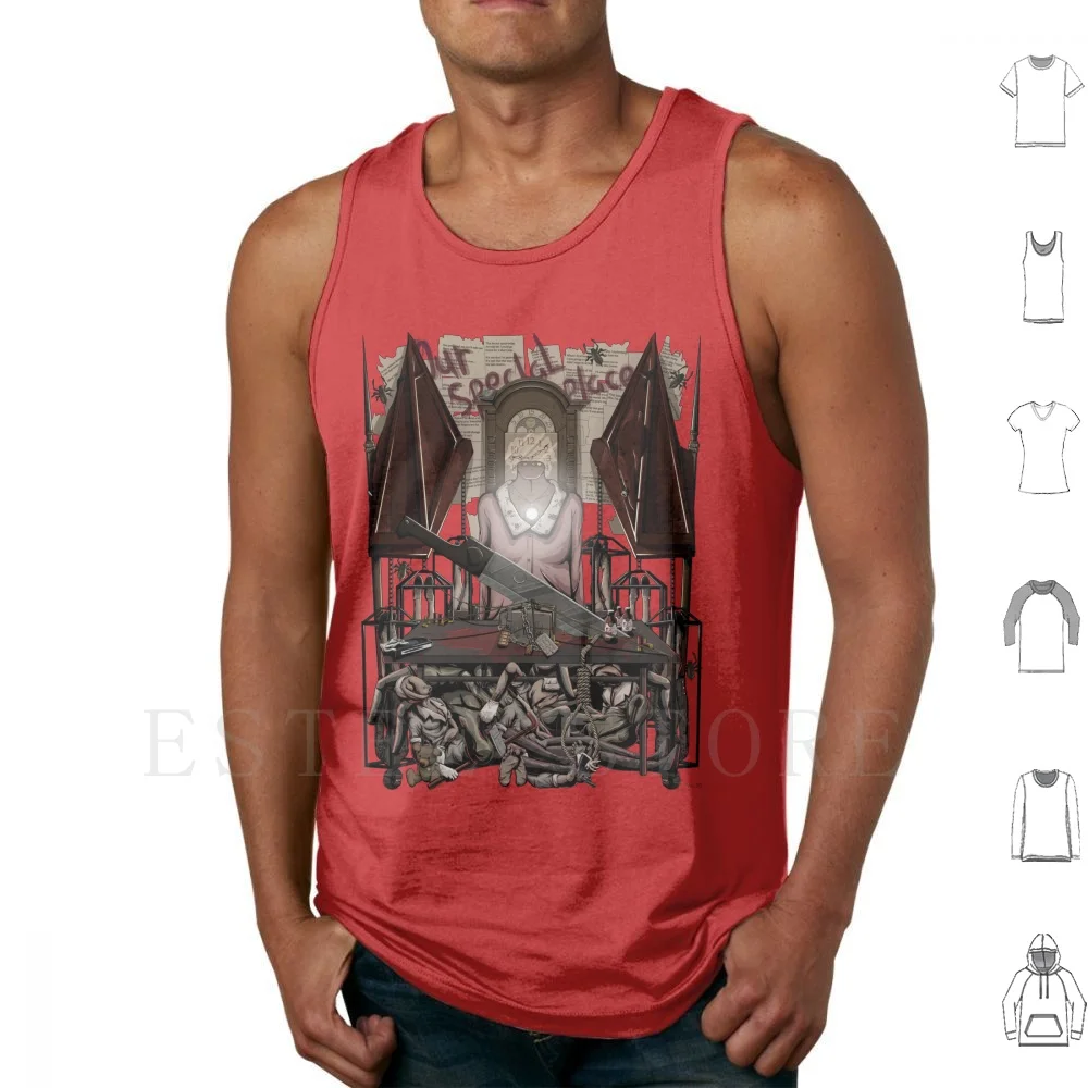 Nuestro lugar especial camisetas sin mangas chaleco algodón Silent Hill Silent Hill 2 cabeza piramidal James cuchillo rojo pistola videojuego Horror enfermera