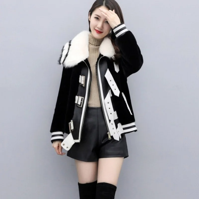 Stijl Punk Patchwork Winter Warm Faux Fur Motorcycle Biker Jasje Pu Leer Luxe Mode Jas High Street Vrouwelijke Bovenkleding