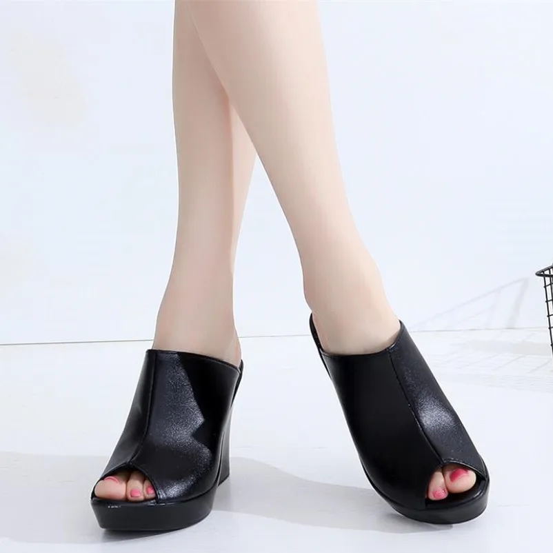New Women Sandals 2022 Woman Leather Sandals Wedges Heel Women High-heeled Women's Shoes Fish Head Black Platform Shoes 33-41