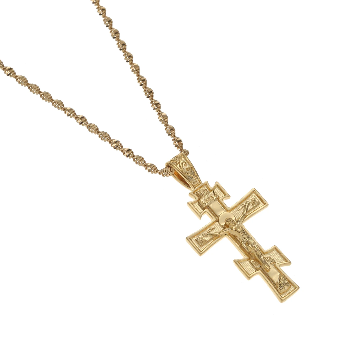 Christian Orthodox Crucifix Jesus Necklace Russian Cross Prayer Pendant Gold Color INRI Crucifix Cross Pendant Necklace Men