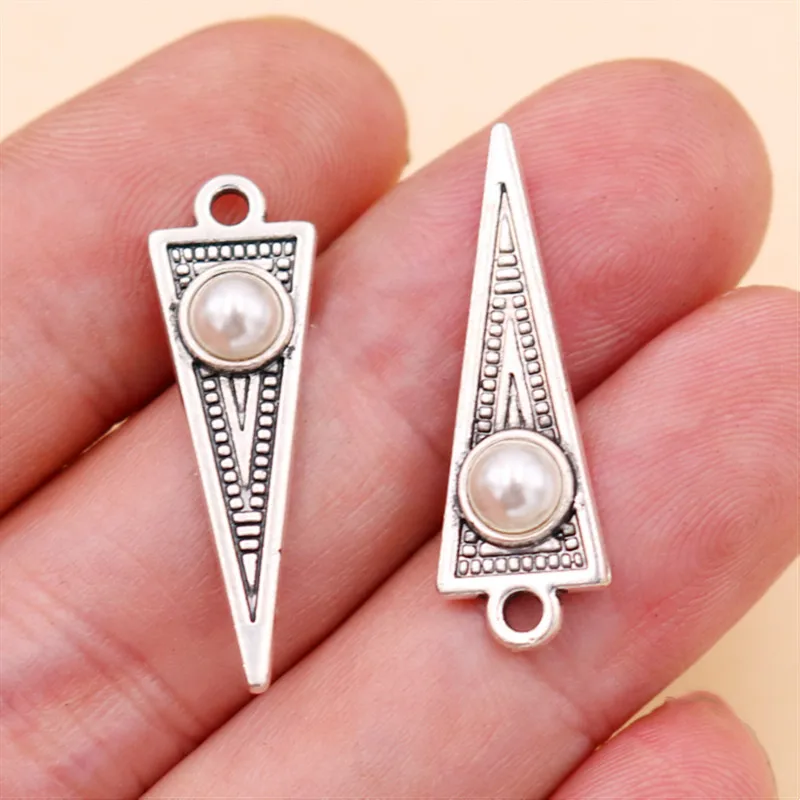 Retro Triangle Metal Pendant, Inlaid Beads Charms, DIY Manual Earrings Charms, 29*9mm Silver Plated Charms, Unisex A18 10pcs