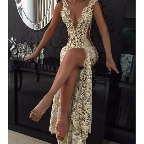 

Sexy Mermaid Prom Dress Sheath Deep V-Neck Lace Pearls Slit Long Prom Gowns Evening Dresses Robe De Soiree