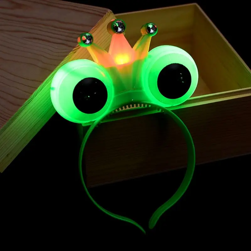 Women Women Girls LED Light Flashing Cute Frog Eyes Hair Hoop Rhinestone Embellishment Crown Tiara Glowing Headband Party Random