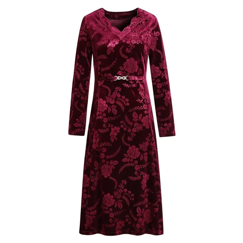 Elegant Winter Velvet Dress Women Jacquard V Neck Long Sleeves Autumn  French Vintage Red Blue Calf Length Dresses vestidos