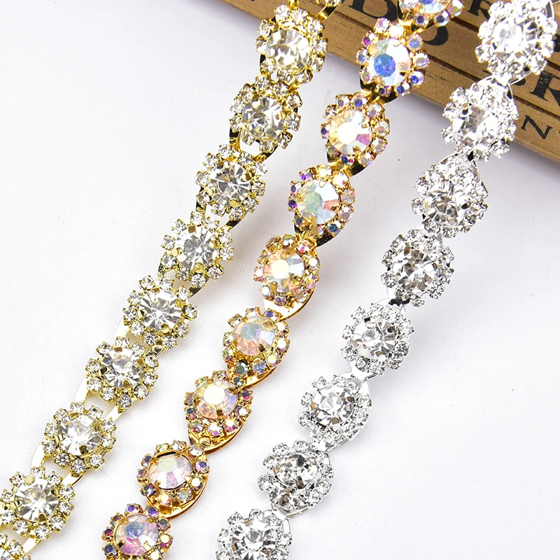 High Quality Glass Rhinestone Chain Clear And Crystal AB Trim Wedding Decoration Round Flower Banding Sew On DIY Accessories