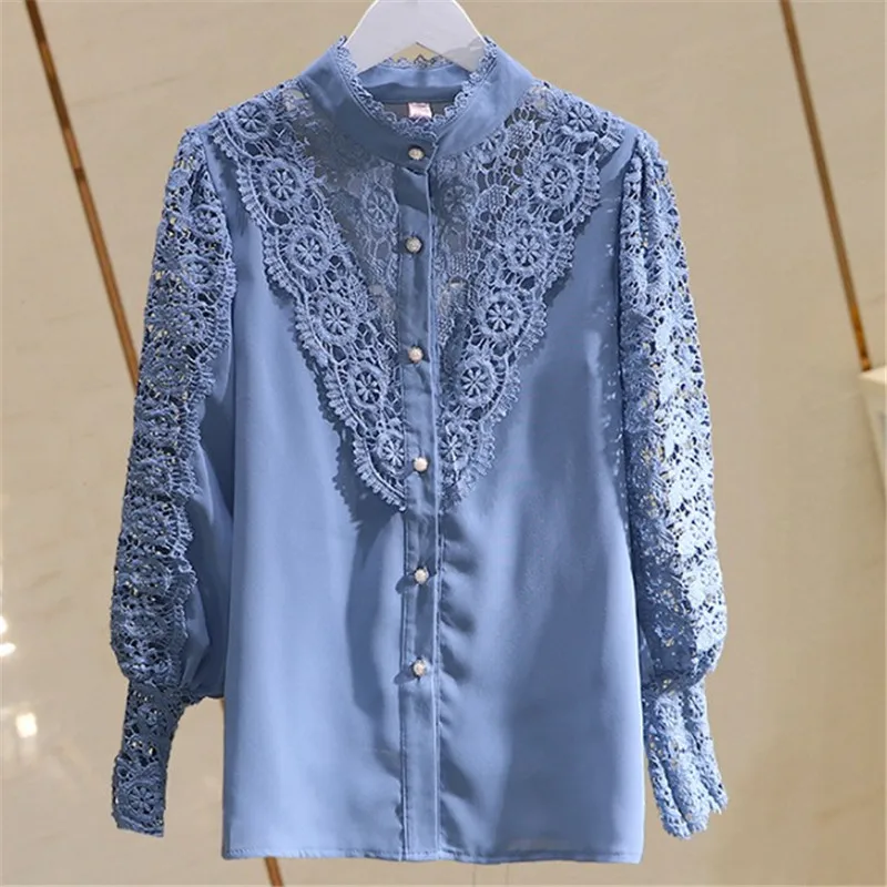 Design Sense Of Lace Shirt Spring 2021 New Collar Lace Splicing Chiffon Joined-Up Body Show Thin Blouse Women