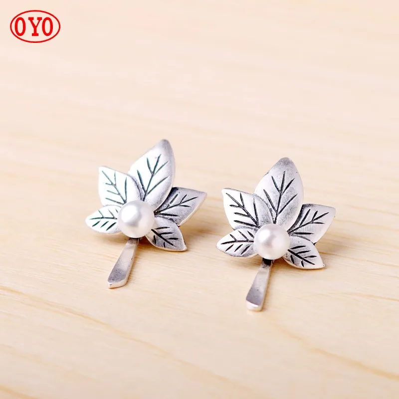 

S990 pure white fungus jewelry matte frosted pure silver Acacia maple leaf natural freshwater pearl earrings