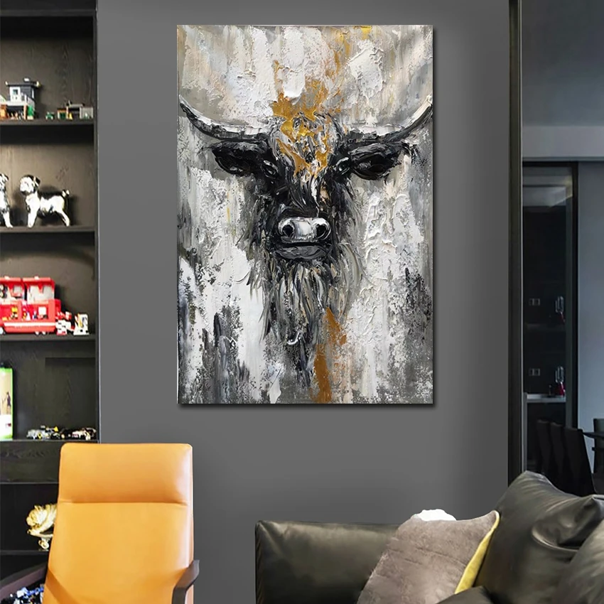 Large Knife Carton Artwork Abstract Oil Painting, Oversize Abstract Black Gray Cow Animal Oil Painting, Canvas Frameless