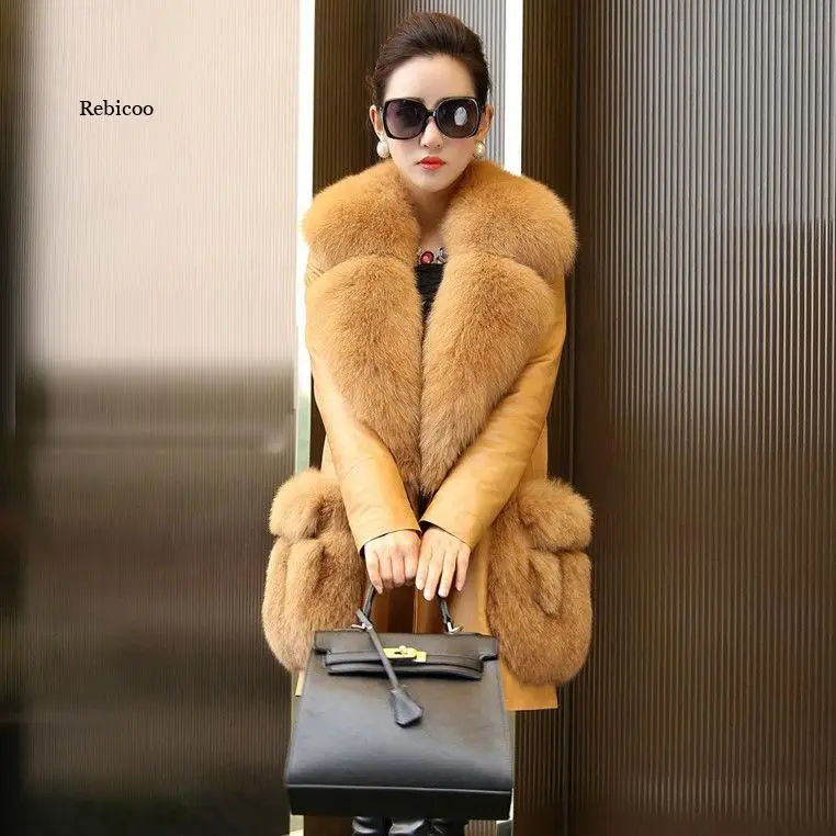 Women's New Fur Coat and Fur Mid-Length Coat Jacket Plus Velvet Big Fox Fur Collar Leather Windbreaker