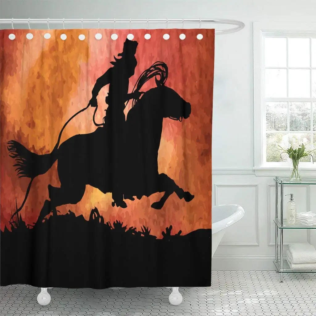 Red Country Cowboy on Horse Ride Western America American Shower Curtain Waterproof Polyester Fabric 72 x 72 Inches Set