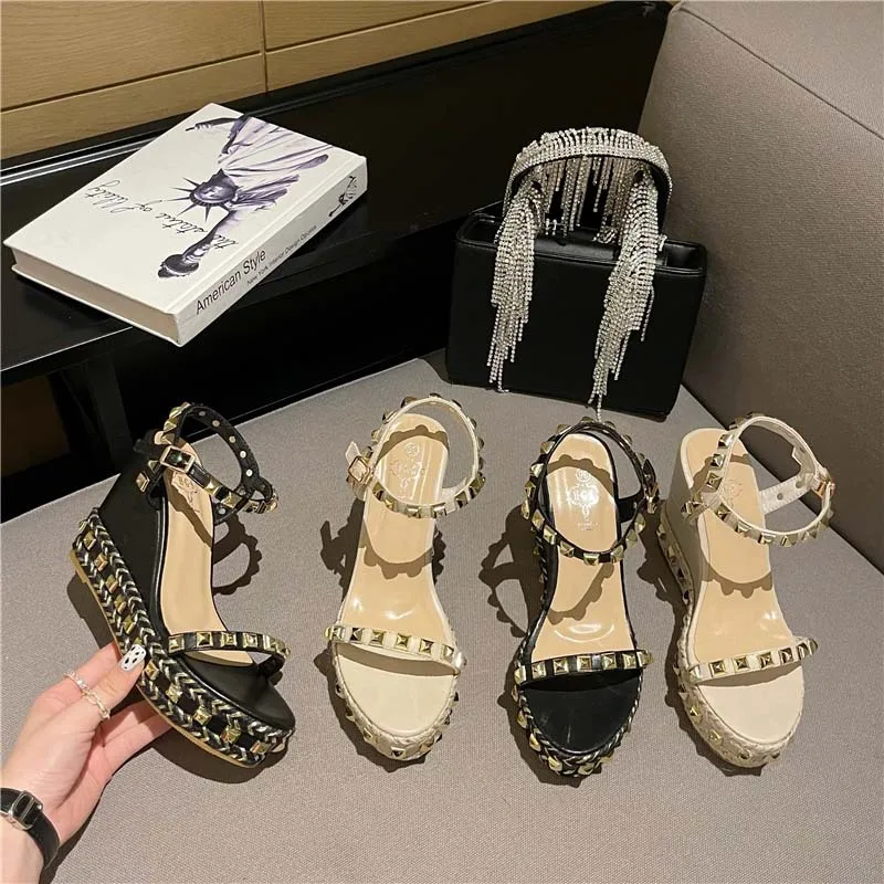 Comfort Shoes for Women Luxury Sandals 2024 Summer High Heels Clogs Wedge Suit Female Beige Buckle Strap Fashion High-heeled Vel