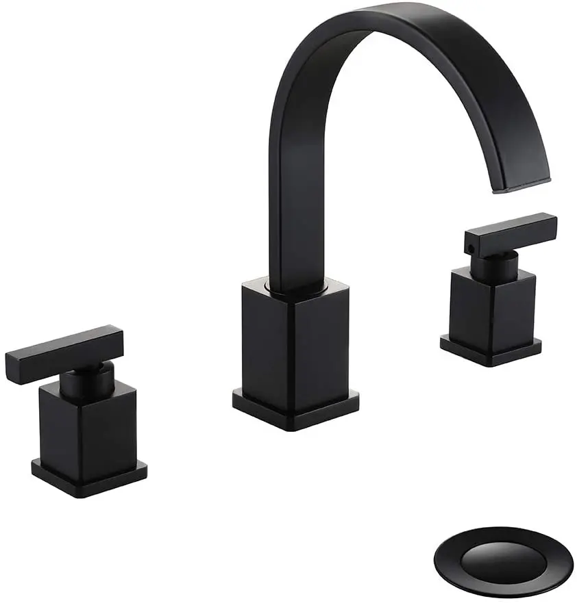 Top Quality Brass Bathroom Faucet 2 Lever Handle 3 Holes 8 inch Widespread Bathroom Sink Faucet with Pop-Up Drain (Matte Black)