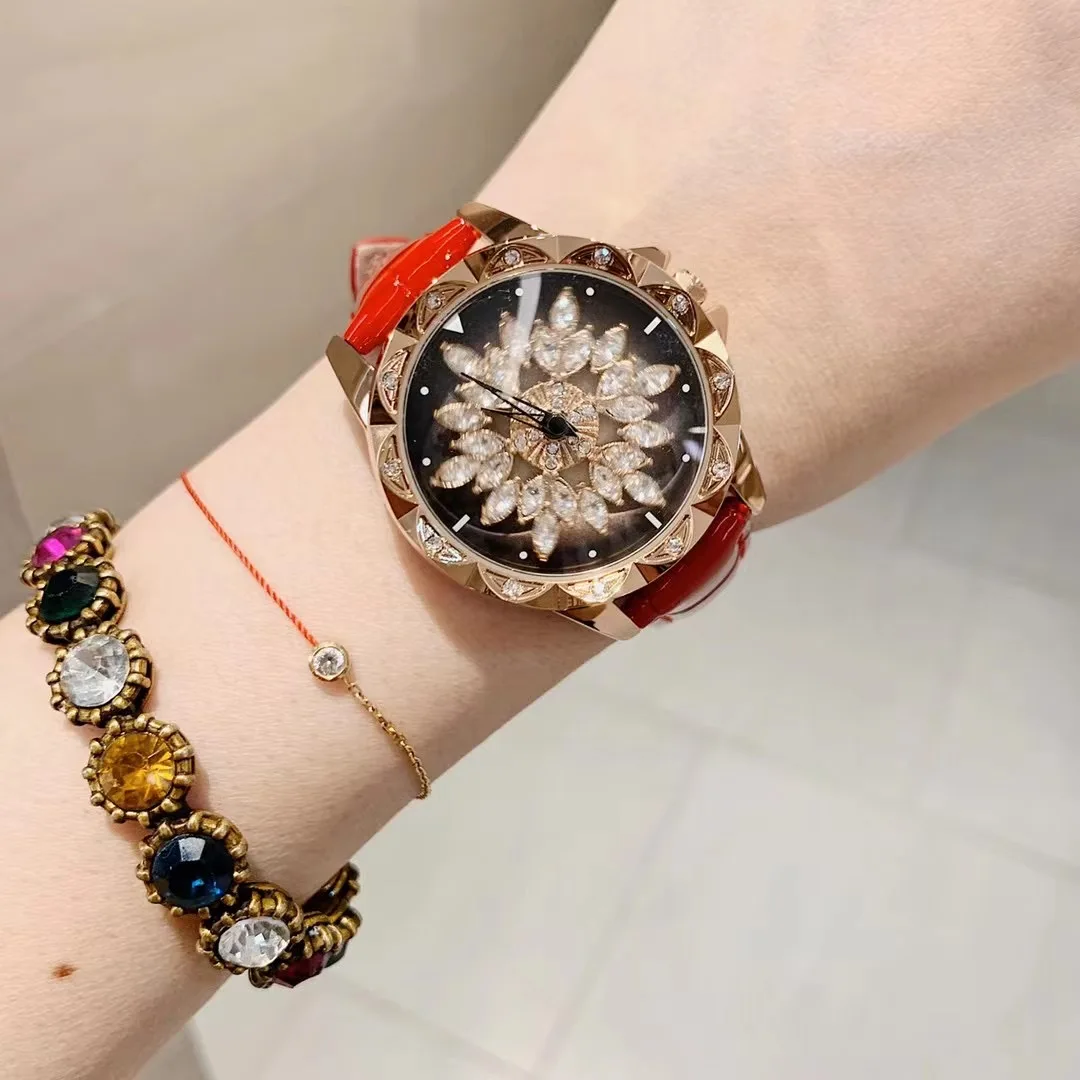 Xmas Gifts Crystals Snowflake Spinning Watches for Women Korean Candy Colors Real Leather Watches Quartz Waterproof Wrist watch