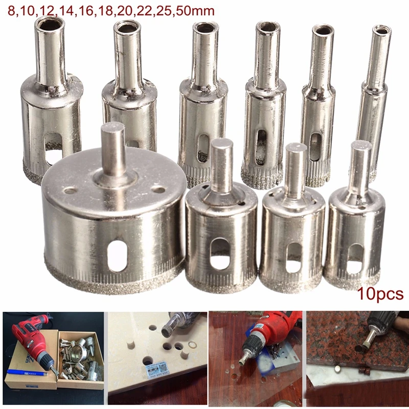 

10 Pcs Diamond Drill Bit Set 8mm-50mm Diamond Coated Core Hole Saw Drill Bits Tool Cutter for Glass Marble Tile Granite Drilling