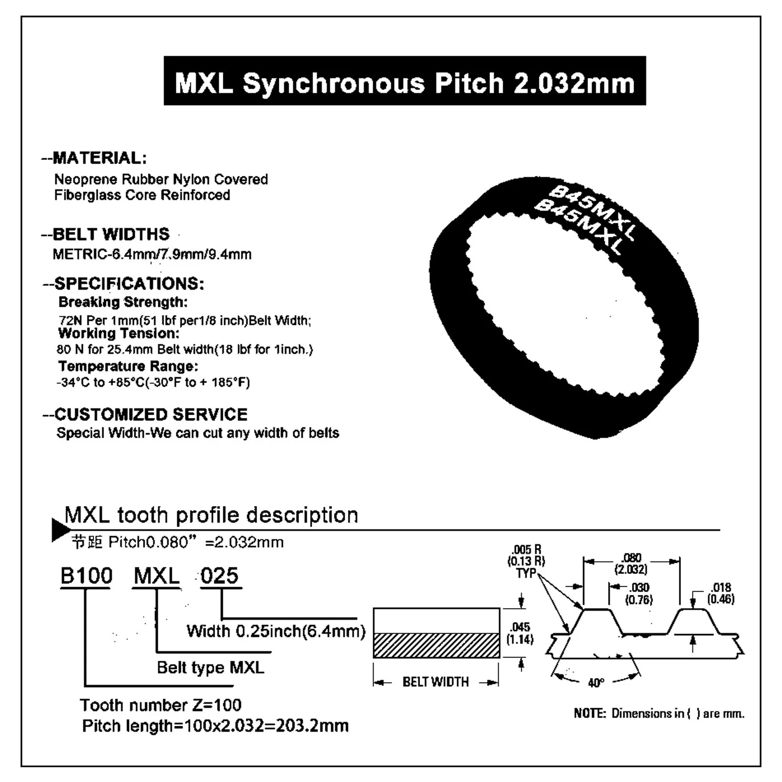 B487MXL B498MXL B504MXL B516MXL B522MXL B532MXL Courroie Synchrone, Largeur 6/10mm, 389/398/403/413/418/425MXL Courroie de distribution