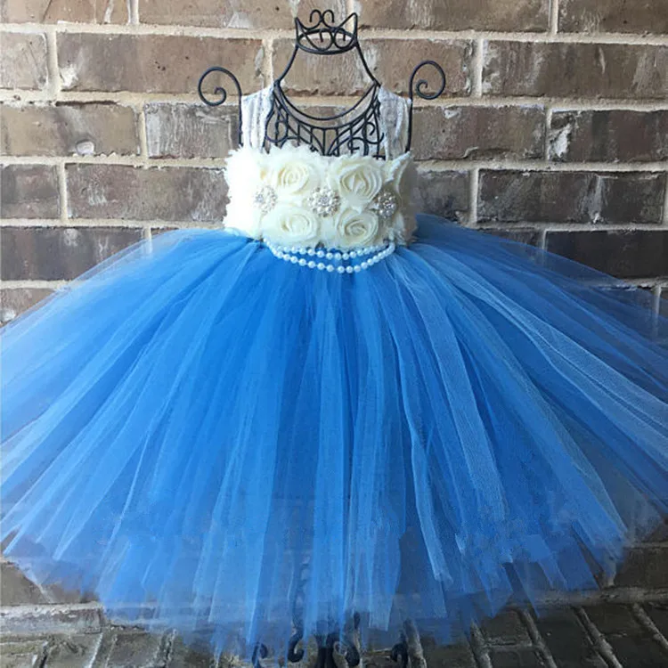 Girls Royal Blue Flowers Tutu Dress Kids Lace Straps Tulle Dress Pearl Ball Gown Children Birthday Party Banquet Costume Dresses