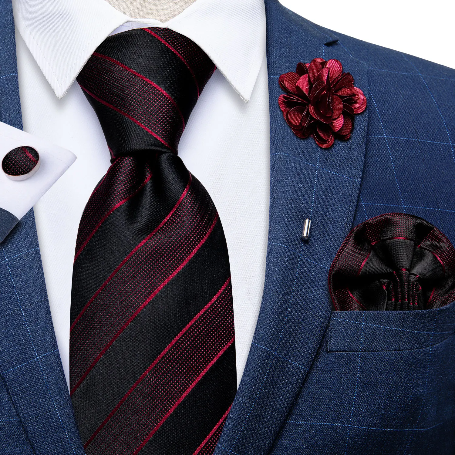 Red Striped Black Men's Neck Ties Handkerchief Cufflinks Self Tie Bow Tie Wedding Party Accessories Butterfly Cravate Homme