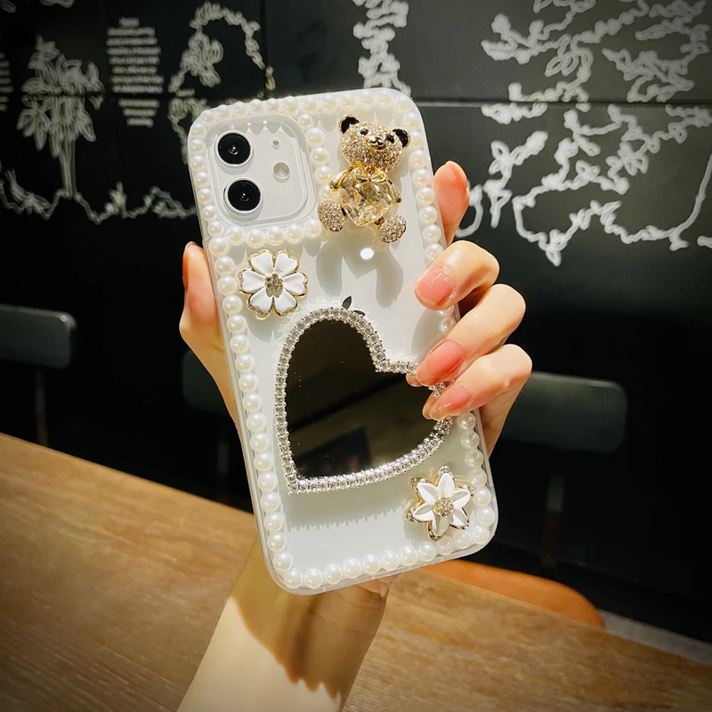 Rhinestone Love Heart Phone Case, Mirror Bling, Pearl, for Samsung S22, S20, S21, S23, S10 Plus, Note20 Ultra