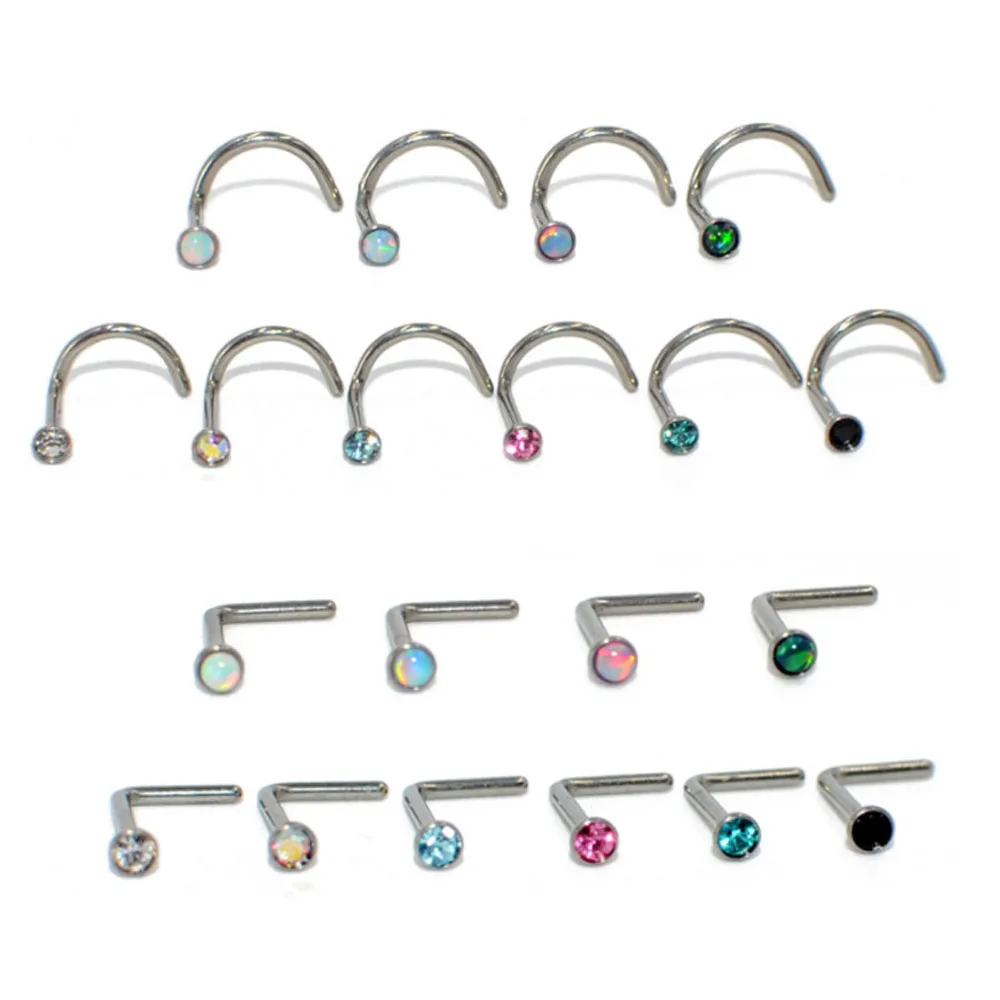 Leosoxs 1pc Opal Zircon L-shaped Curved Rod Steel Color Nose Nail S-shaped Temperament Nose Nail 0.8*7*2mm Jewelry Piercing