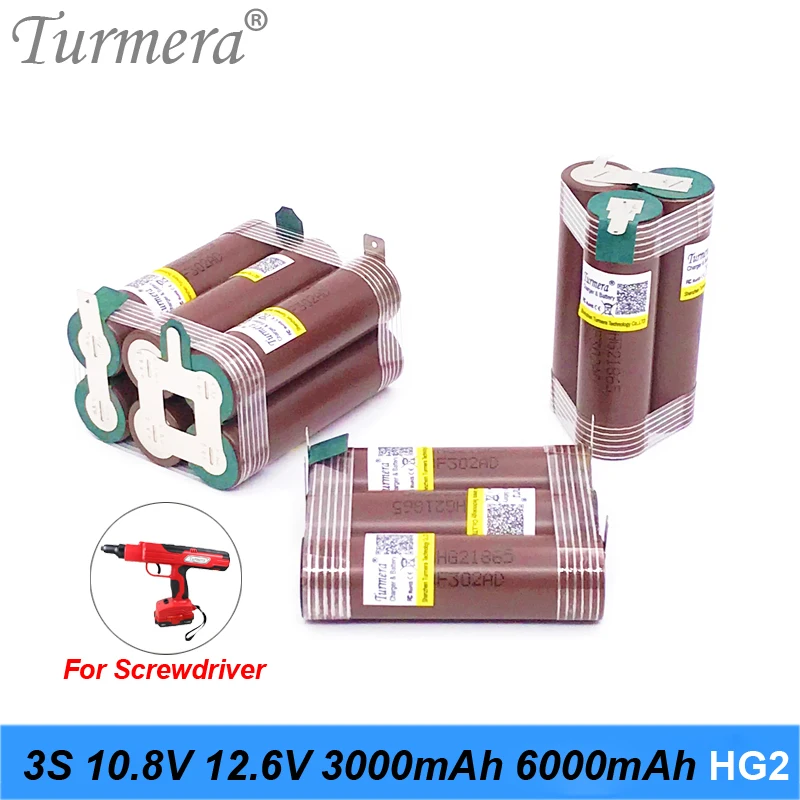 Turmera 3S 10.8V 12.6V 18650 HG2 3000mAh 6000mAh Lithium Battery 30A Soldering Strip for Screwdriver Battery Shurika   Customize
