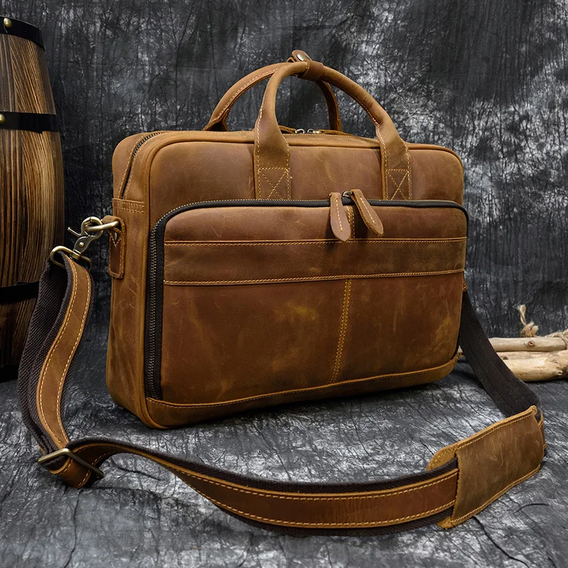Men Briefcase Genuine Leather Laptop Bag 14 15.6" PC Doctor Lawyer Computer Bag Cowhide Male Briefcase Leather Men Business Bag
