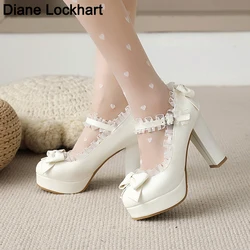 Women Sweet Bow High Heels Female Lace Lolita Shoes Cute Platform Bottom white Pumps Woman Dress Wedding Shoes Big Size 32 41 43