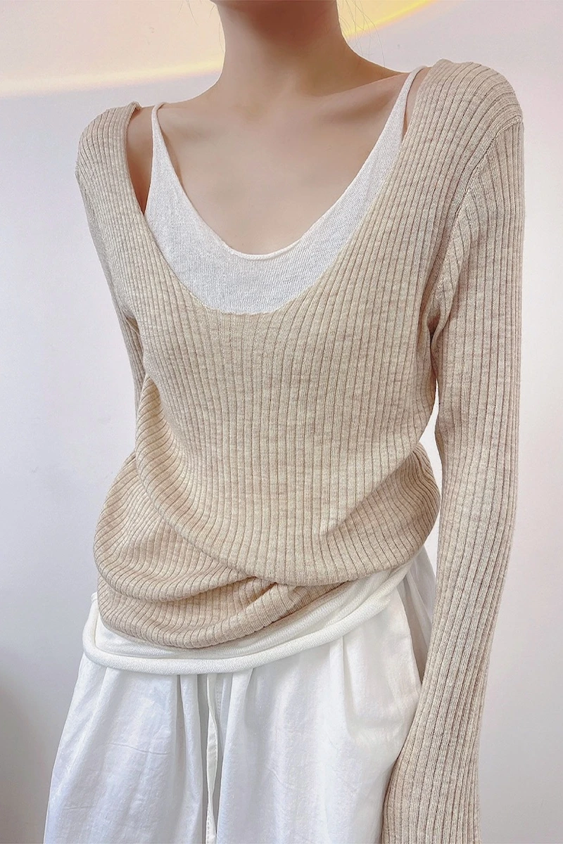 LMQ NEW Women Off Shoulder Fake Two Pieces Of Thin Knitted Pullovers Patchwork With Clavicle Exposed All-Match Solid Tops Chic