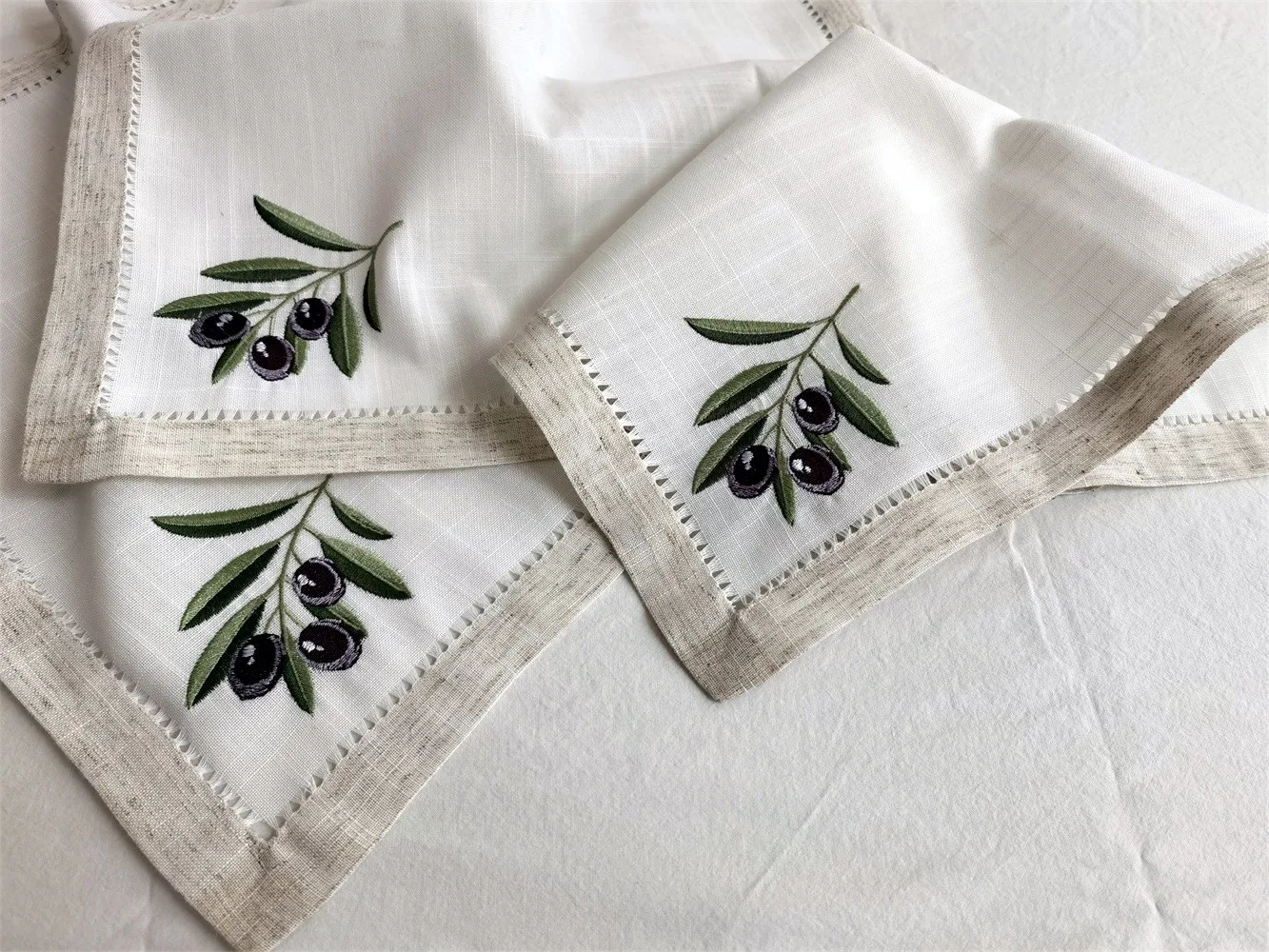 @Olive Embroidered Napkin with Handmade Hemstitch, Elegant  Linen Look, Table Decoration, Beautiful Gift,