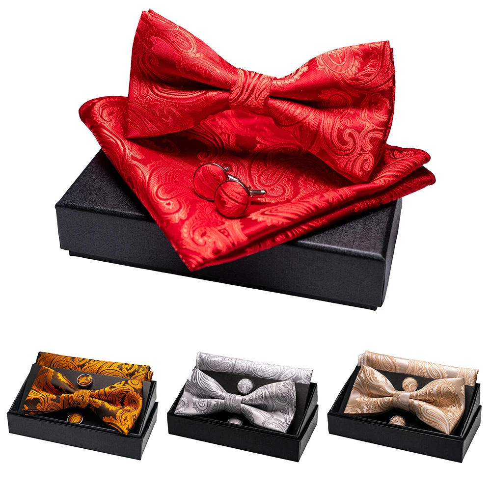 

KAMBERFT Paisley Floral Mens Bow Tie 100%Silk Woven Butterfly BowTie Pocket Square Handkerchief Hanky Cufflinks Suit Set