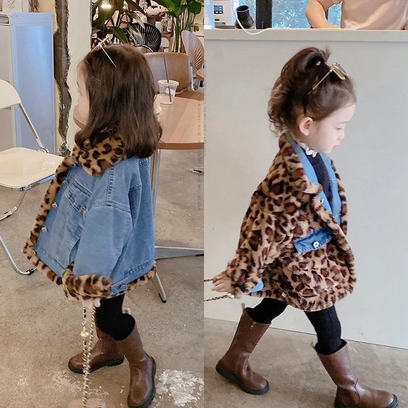 Baby Boy Girl Winter Jean Leopard Fur Reversible Jacket Thick Infant Toddler Child Coat Snow Suit Warm Baby Clothes 1-10Y