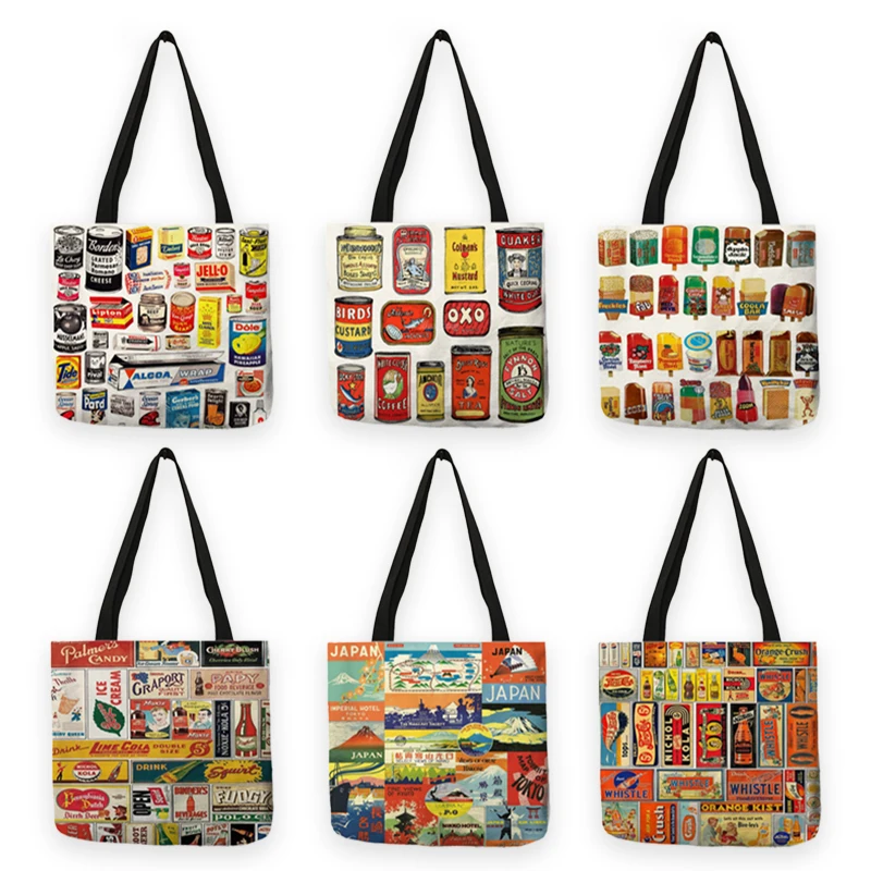 Vintage 80\'s America Culture Can Pattern Women Handbag Shoulder Bag Large Capacity Shopping Bags for Groceries with Handle