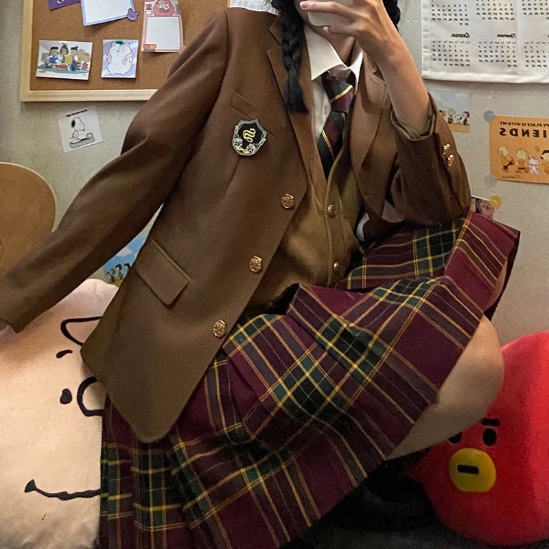 New Fashion Coffee Brown JK Blazer Women Uniform Coat Jacket Anime Short Red Pleated Skirt Summer Spring Girls' School Uniforms