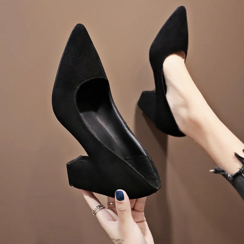 Women Pumps Flock Sweet Thick High Heels Female Sexy Office Pointed Toe Dress Work Pump Cute Shoes Ladies Footwear Zapatillas