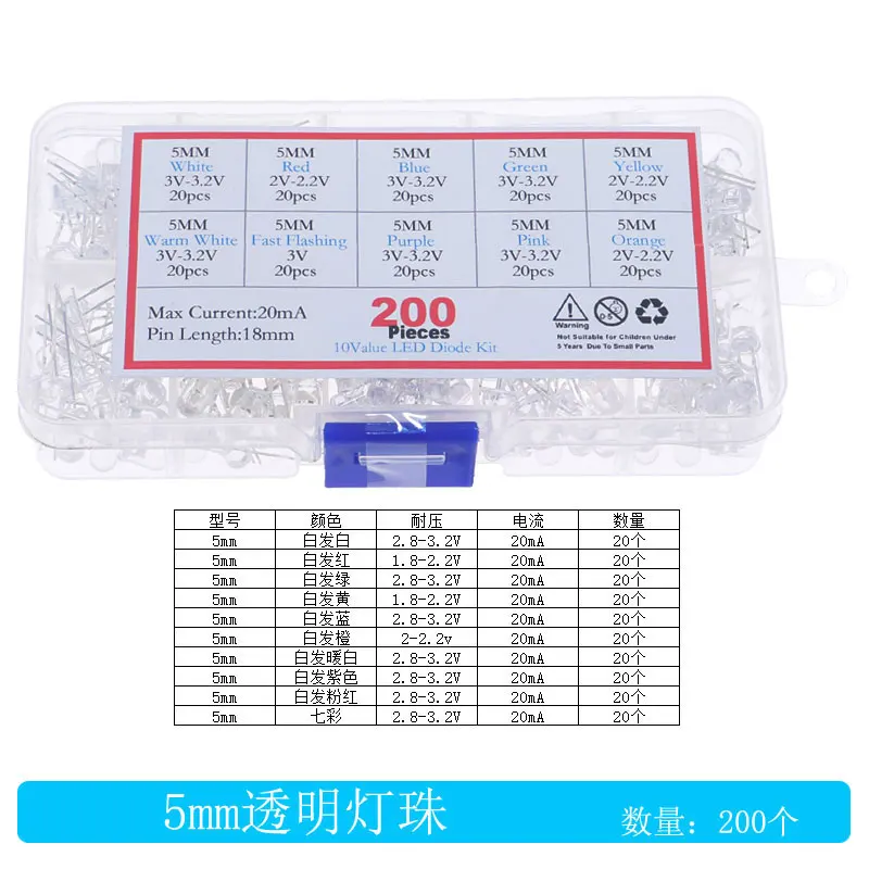 Kit de Diodo Emissor de Luz LED, Branco, Verde, Vermelho, Azul, Amarelo, Laranja, Roxo, UV, Rosa, 5mm, F5, 10 Cores, 20PCs, 200PCs