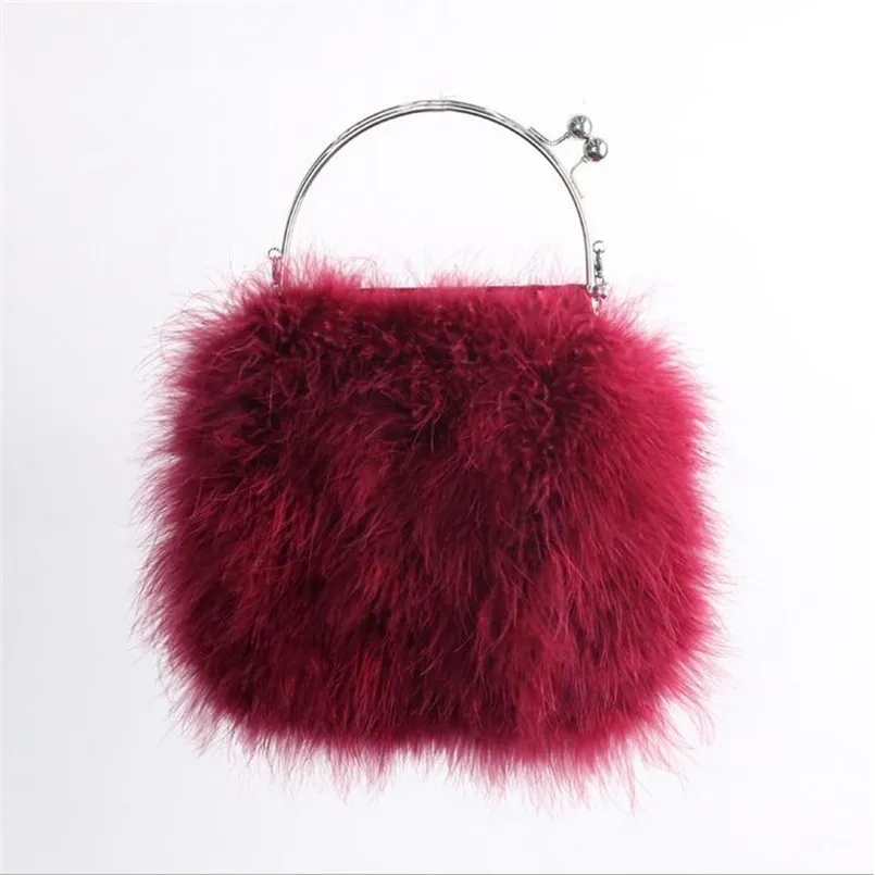 Real Ostrich Feather Handbag Women Autumn Winter Evening Bags Purse Dinner Party Clutches Ladies Messenger Fur Bag B6