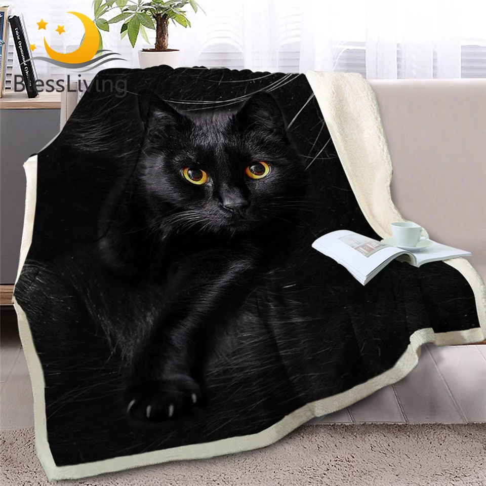 

BlessLiving Black Cat Throw Blanket on Sofa 3D Animal Plush Sherpa Blanket Lovely Pet Bedspreads Fur Print Thin Quilt 150x200cm