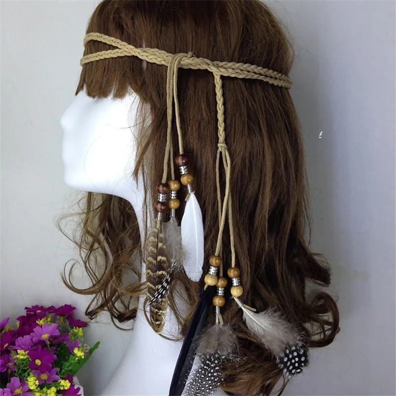 The  Indian Feather Headband Headdress Hair Rope Headwear Tribal Hippie Handmade Hair Accessories for Women 38