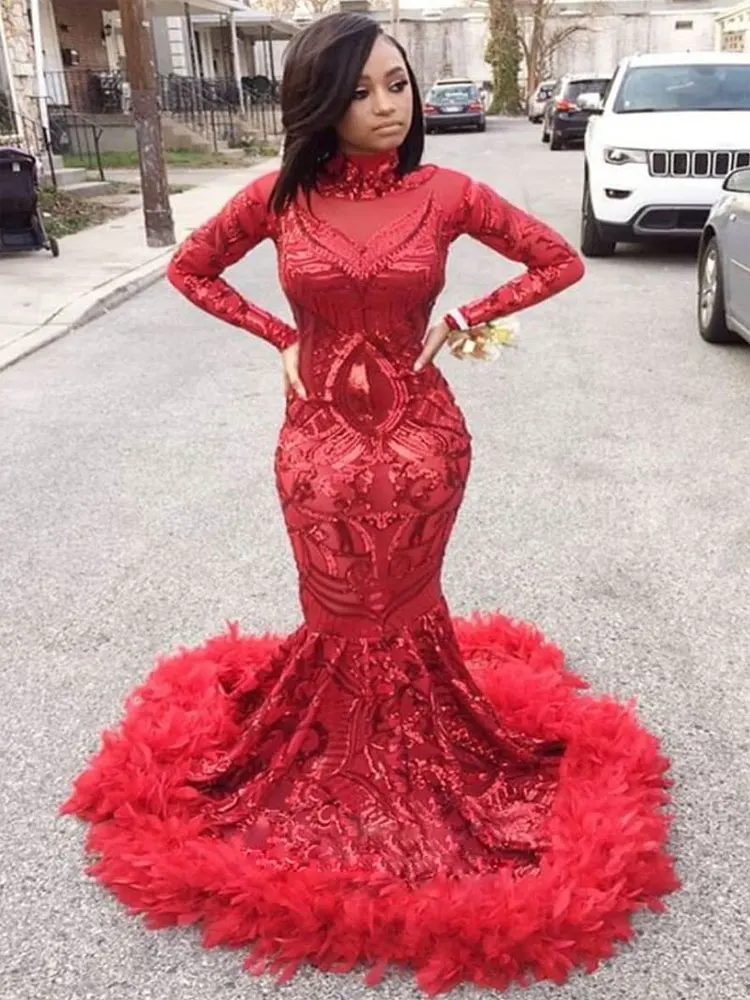 Elegante Rot Prom Kleider Frau Dance Ball Kleider Langarm Mermaid Feather Abend Formale Partei Kleidung