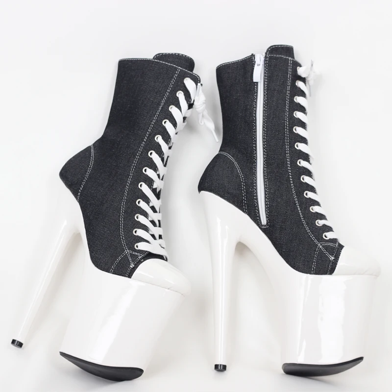JIALUOWEI 20CM Stiletto Heel 90CM Closed Round Toe Platform Canvas Sneaker Pole Dance Ankle Boots
