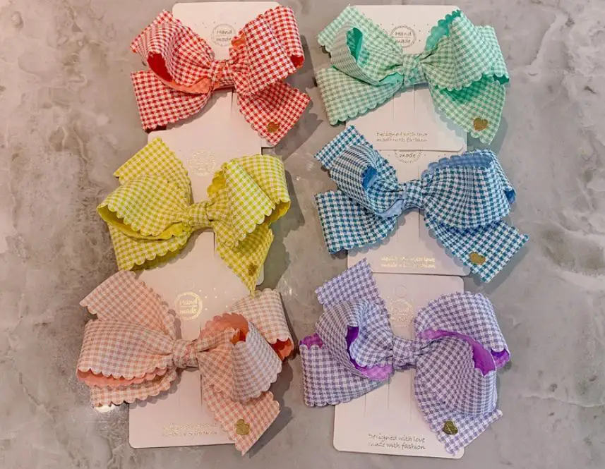 18CM Fashion Cotton Lattice  Bows Hair Clips for Girls Kids Fresh Hairpin Barrettes 2/3pcs/Pack Girls Women Hair Accessories