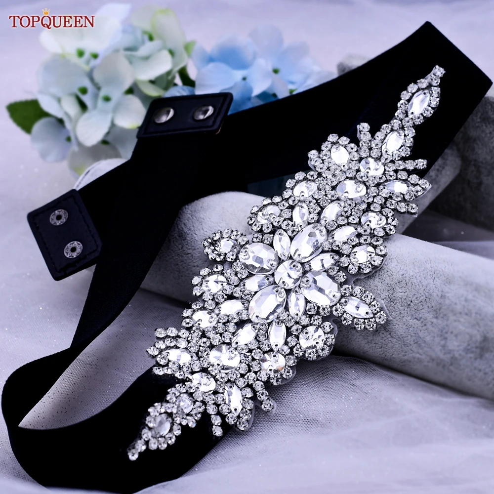 TOPQUEEN S01-B Fashion Rhinestone Girdle Women Shiny Black Elastic Belt Dress Stretch Waist Sash Bridal Wedding Accessories