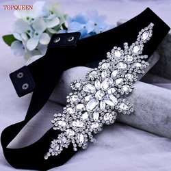 TOPQUEEN S01-B Mode Strass Gürtel Frauen Shiny Black Elastische Gürtel Kleid Stretch Taille Schärpe Braut Hochzeit Zubehör