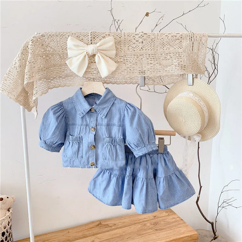 Summer Girls\' Clothing Sets fashion Lapel Pocket Denim Puff Sleeve Top + Skirt 2Pcs Baby Kids Clothes Suit Children Clothing