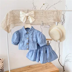 Summer Girls' Clothing Sets fashion Lapel Pocket Denim Puff Sleeve Top + Skirt 2Pcs Baby Kids Clothes Suit Children Clothing